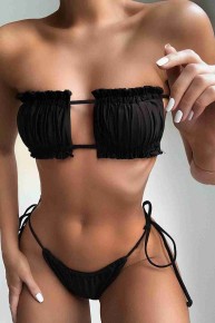 Angelsin Brezilya Model Büzgülü Bağlamalı Bikini Altı Siyah - Thumbnail