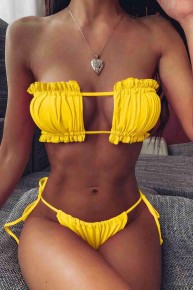 Angelsin Brezilya Model Büzgülü Bağlamalı Bikini Takım Sarı - Thumbnail