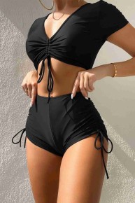 Angelsin Özel tasarım Yarım Kol Büzgü Detaylı Bikini Takım Siyah - Thumbnail