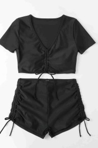 Angelsin Özel tasarım Yarım Kol Büzgü Detaylı Bikini Takım Siyah - Thumbnail