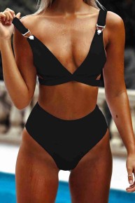 Angelsin Özel Tasarım Yüksek Bel Bikini Takım Siyah - Thumbnail