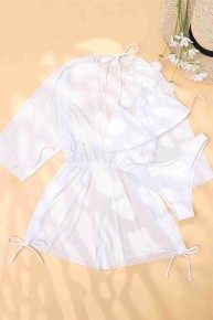 Angelsin Şifon Pareo Plaj Elbesi Cover Up Kimono Beyaz - Thumbnail