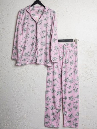 Bsm Kadın Açık Pembe Çiçekli Uzun Kol Gömlek Pijama Takımı 5122