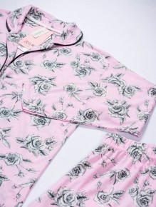 Bsm Kadın Açık Pembe Çiçekli Uzun Kol Gömlek Pijama Takımı 5122 - Thumbnail