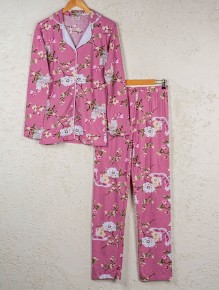 Bsm Kadın Gül Kurusu Çiçekli Uzun Kol Gömlek Pijama Takımı 4238 - Thumbnail