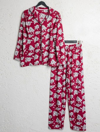 Bsm Kadın Kırmızı Çiçekli Uzun Kol Gömlek Pijama Takımı 5122