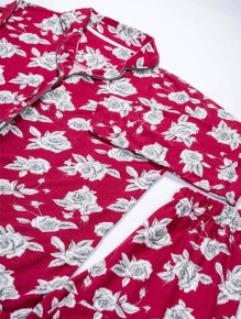 Bsm Kadın Kırmızı Çiçekli Uzun Kol Gömlek Pijama Takımı 5122 - Thumbnail