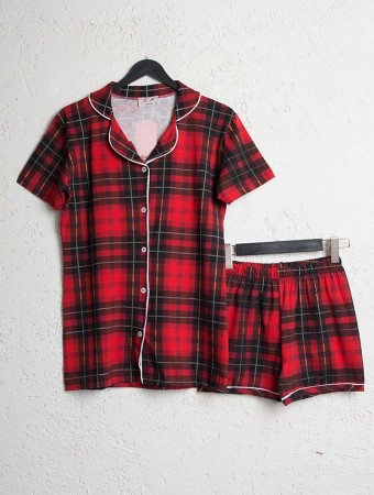 Bsm Kadın Kırmızı Kısa Kol Şortlu Gömlek Pijama Takımı 4024