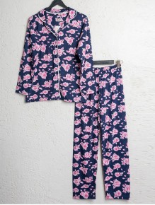Bsm Kadın Lacivert Çiçekli Uzun Kol Gömlek Pijama Takımı 5122 - Thumbnail