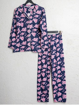 Bsm Kadın Lacivert Çiçekli Uzun Kol Gömlek Pijama Takımı 5122