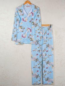 Bsm Kadın Mavi Çiçekli Uzun Kol Gömlek Pijama Takımı 4238 - Thumbnail