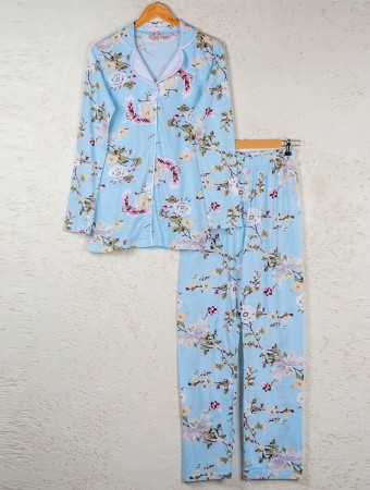 Bsm Kadın Mavi Çiçekli Uzun Kol Gömlek Pijama Takımı 4238