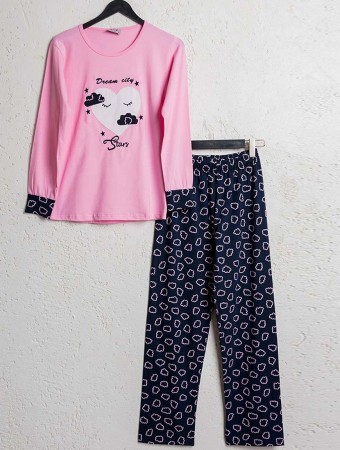 Bsm Kadın Pamuklu Rahat Uzun Kol Pembe Pijama Takımı 1001