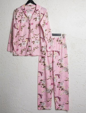 Bsm Kadın Pembe Çiçekli Uzun Kol Gömlek Pijama Takımı 4238