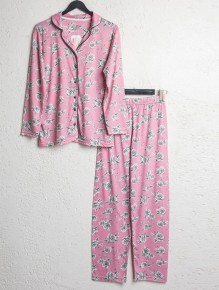 Bsm Kadın Pembe Çiçekli Uzun Kol Gömlek Pijama Takımı 5122 - Thumbnail