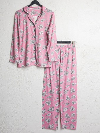Bsm Kadın Pembe Çiçekli Uzun Kol Gömlek Pijama Takımı 5122