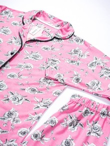 Bsm Kadın Pembe Çiçekli Uzun Kol Gömlek Pijama Takımı 5122 - Thumbnail