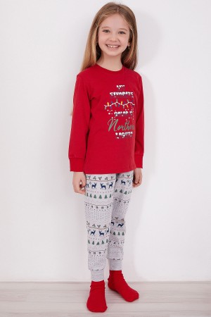 Bsm Kız Çocuk Pamuklu Yılbaşı Kırmızı Uzun Kollu Pijama Takımı 2917