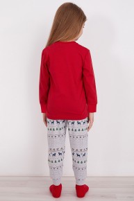 Bsm Kız Çocuk Pamuklu Yılbaşı Kırmızı Uzun Kollu Pijama Takımı 2917 - Thumbnail
