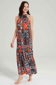 Feyza Kadın Nar Çiçeği Etnik Desen Elbise 5019 - Thumbnail