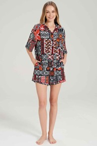 Feyza Kadın Nar Çiçeği Boydan Düğme Şortlu Pijama Takımı 5020 - Thumbnail
