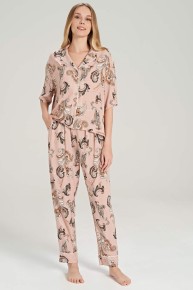 Feyza Kadın Pembe Boydan Düğmeli Kısa Kol Pijama Takımı 5010 - Thumbnail