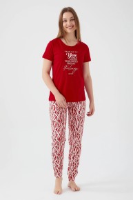 Pierre Cardin Kadın Kırmızı Kısa Kol Pijama Takım 8611 - Thumbnail