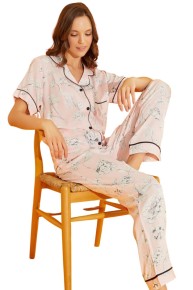 Seamlife Kadın Pembe Boydan Düğme Pijama Takımı 14662 - Thumbnail