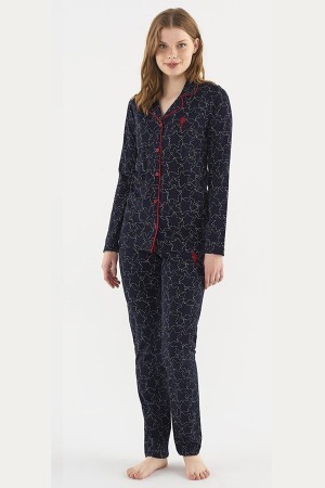 US Polo Assn Kadın Lacivert Boydan Düğmeli Pijama Takım 16836